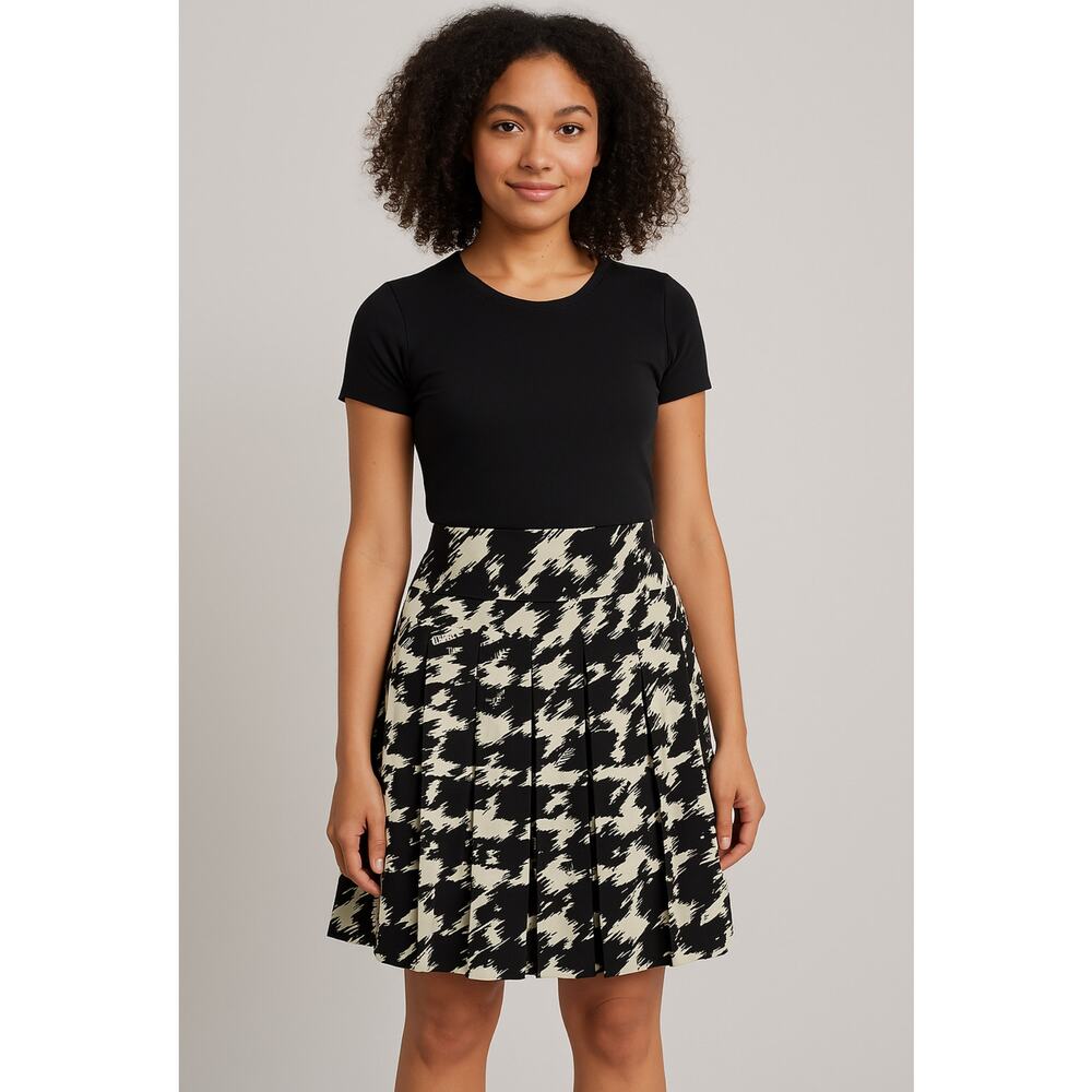 Trina Turk Houndstooth Pleated Skirt Wool Silk Blend Black White Size 4 Lined - Picture 1 of 9